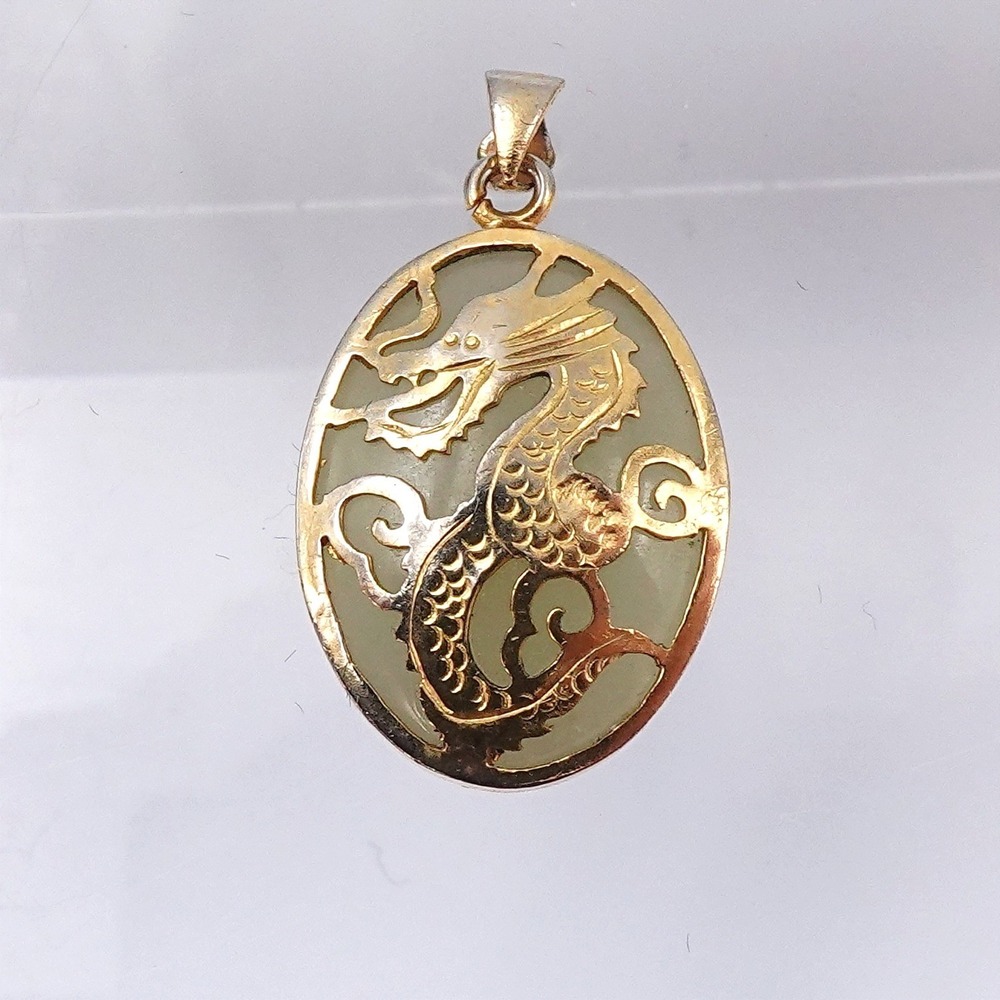 Vintage Chinese Dragon Pendant Gold Tone‎ Light Green Cabochon Mystical